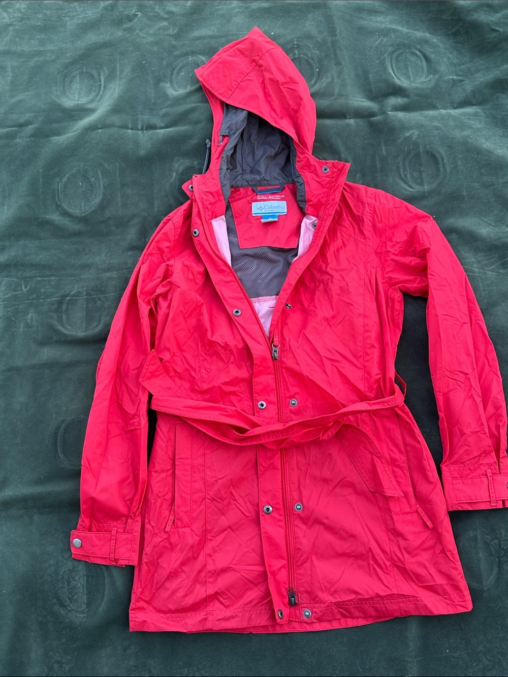 Columbia Bright Red Hooded Women's Raincoat with Belt